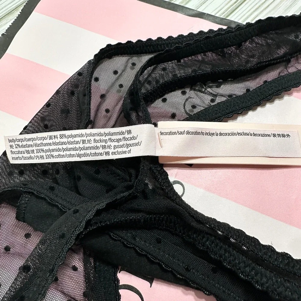 Victoria's Secret High-Leg Thong Panty L Black‎ Polka Dot Mesh Red Ribbon Bells